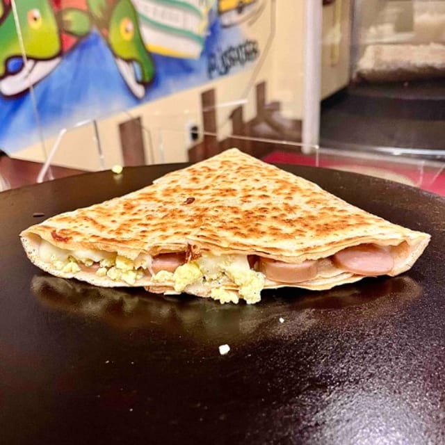 Cheese, Eggs and Bratwurst Crepe.